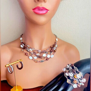 Brighton Multi Strand Mothe of Pearl Faceted Bead Necklace, Earrings & Bracelet
